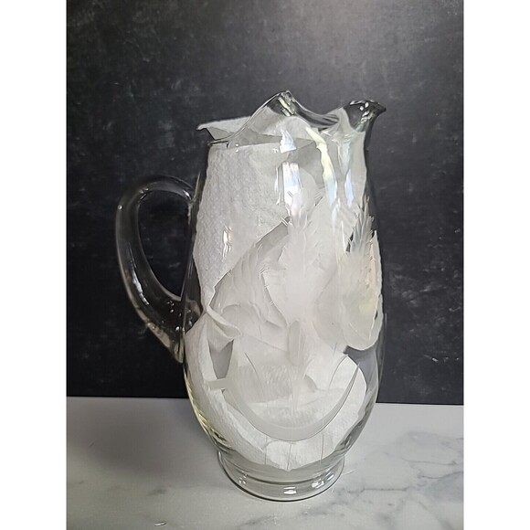 Etched Glass Wheat Pattern Pitcher With Handle - Picture 6 of 10